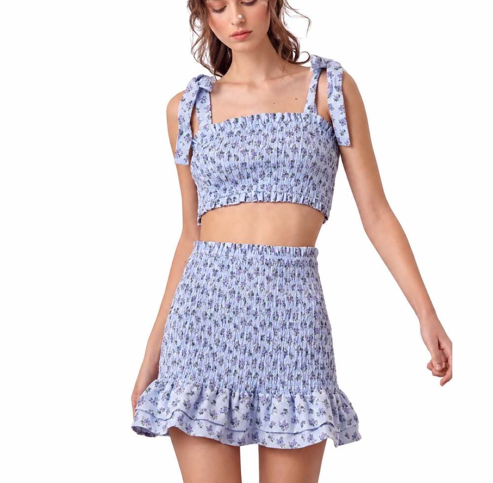 STORIA Women's Blue Floral Smocked Crop Top and Mini Skirt Set Size S